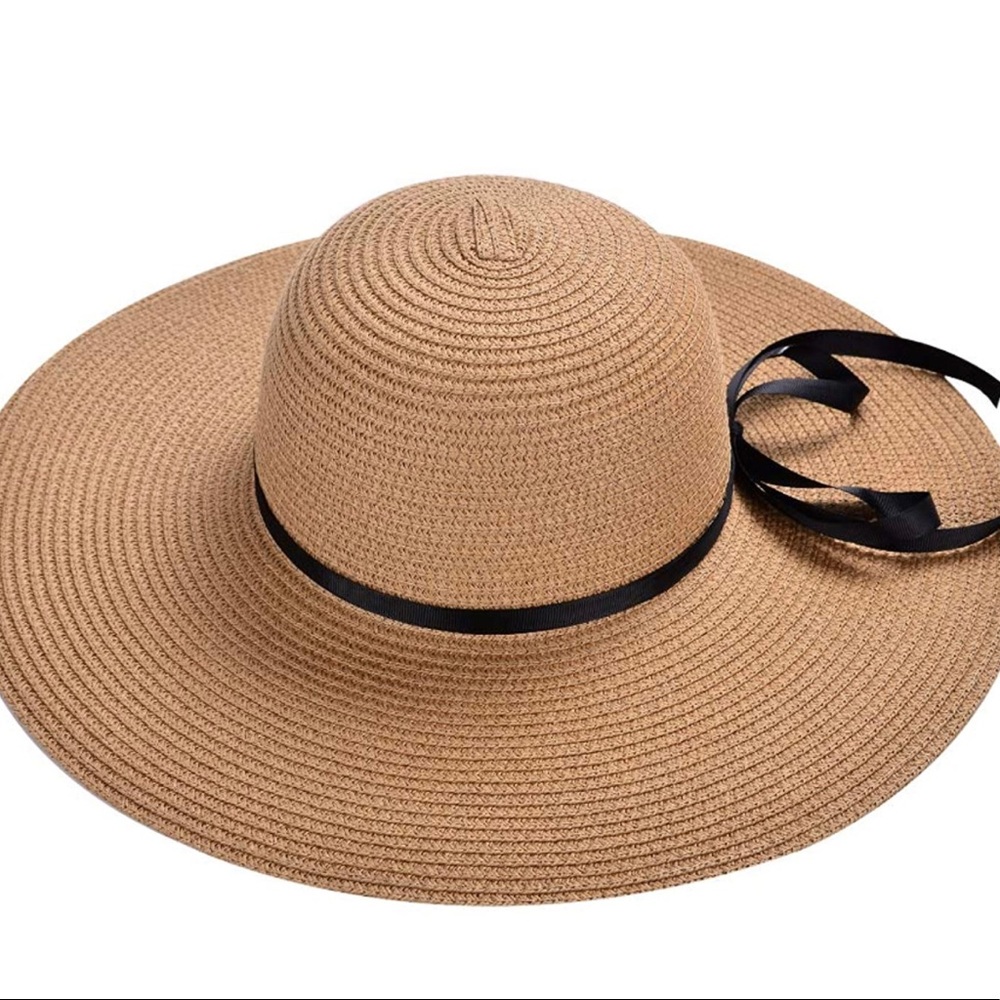 Khaki Floppy Beach Straw Hat, Foldable Wide Brim with Bowknot